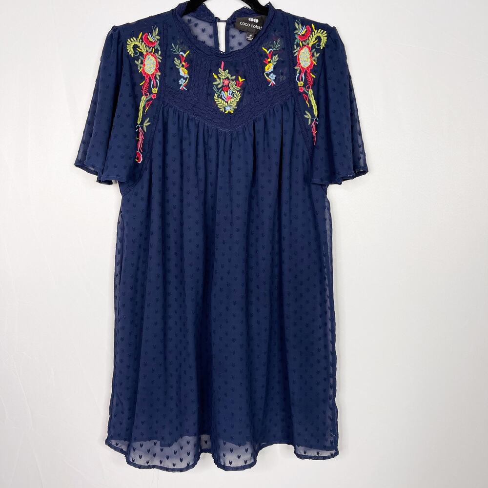Coco Colette Floral Embroidery Swiss Dot Short Sleeve Dress Navy Blue Medium M